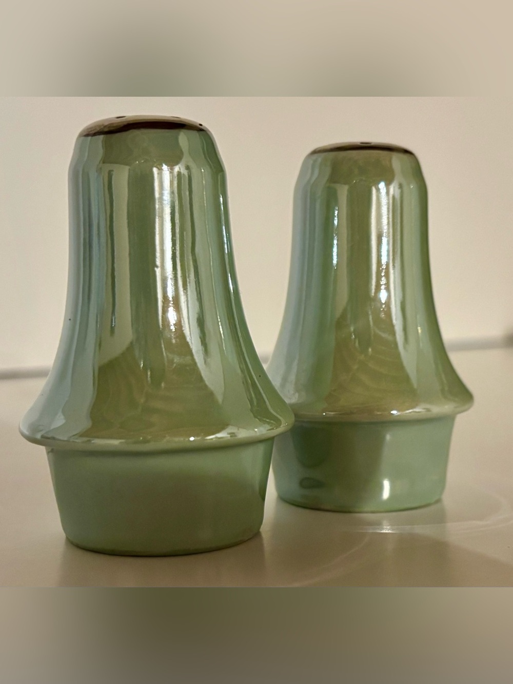 Vintage Mid Century Green Lustreware Salt and Pepper Shakers Set Platinum Tops